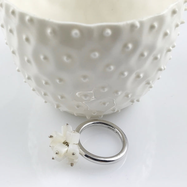 Silver ring with the cluster of square mother of pearls