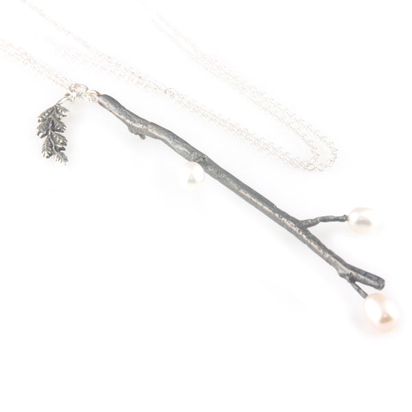 'Wearing Nature' - Oxidised silver twig necklace with three pearls and silver leaf