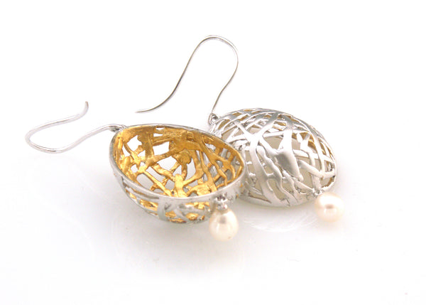 'Best Before' - 3cm silver egg earrings with pearls