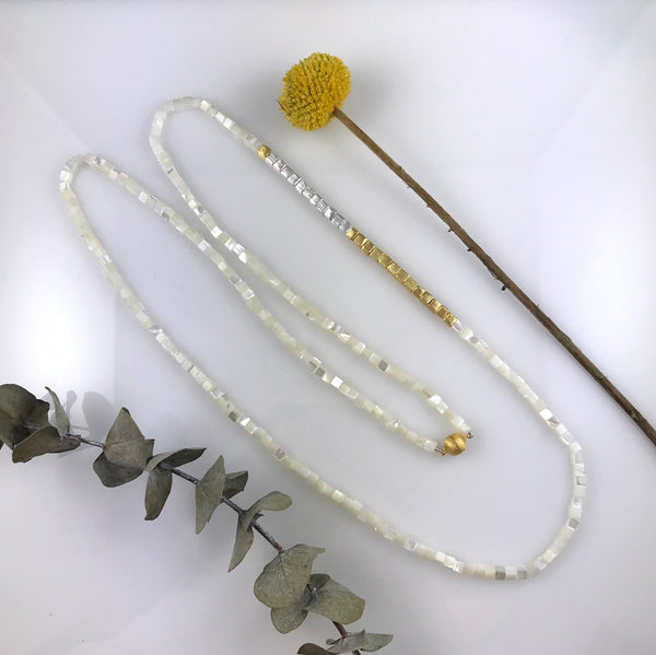 Long square shaped mother of pearls necklace with gold and silver beads