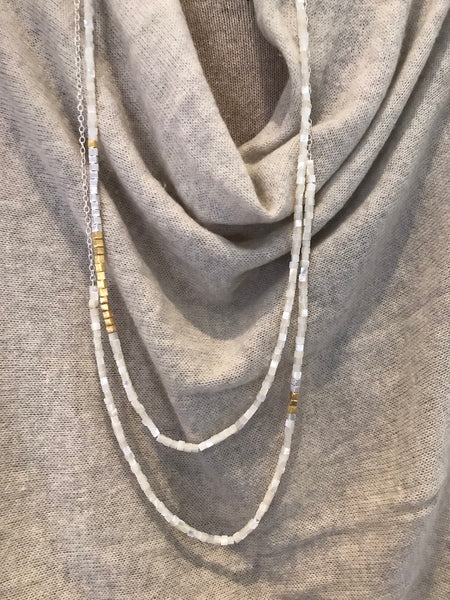 Long square shaped mother of pearls necklace with gold and silver beads