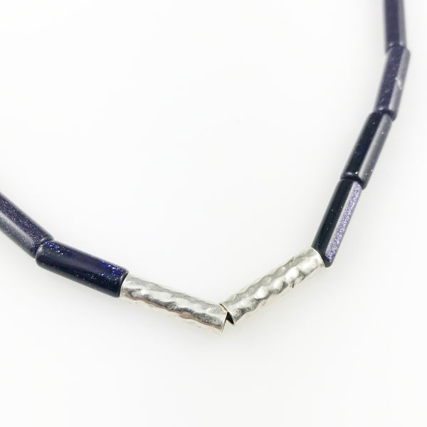 Silver necklace with blue quartz and silver tube