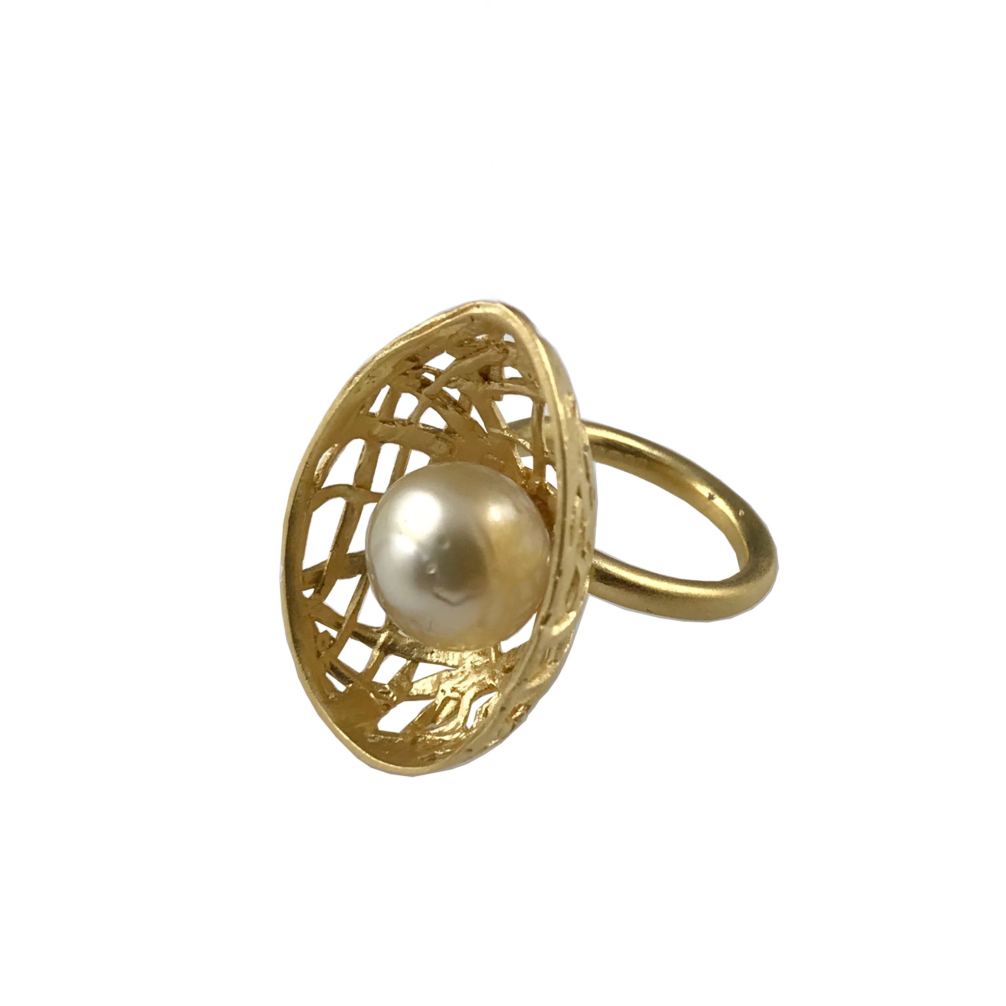 'Best Before' - Gold plated silver egg ring with south sea pearl