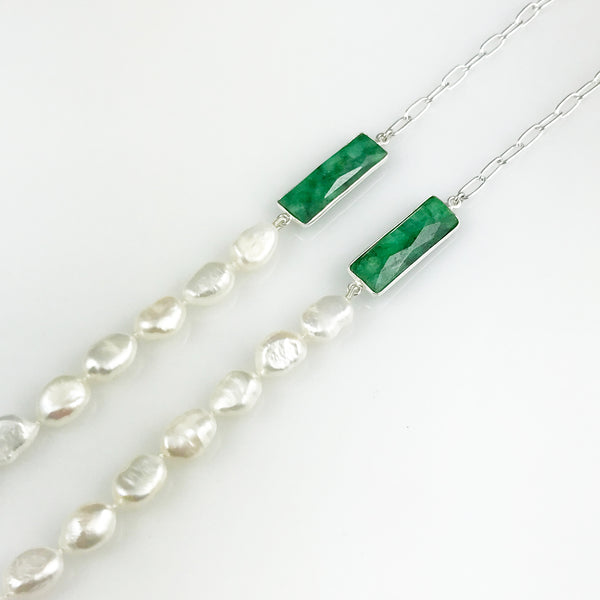 'Pearl Wonder' - long silver chain and pearl necklace with green quartz