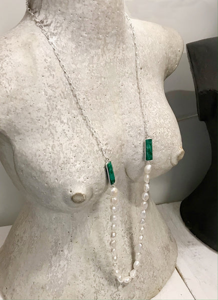 'Pearl Wonder' - long silver chain and pearl necklace with green quartz