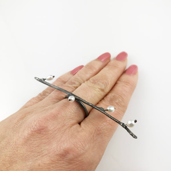'Wearing Nature' - Oxidised silver Twig ring with pearls