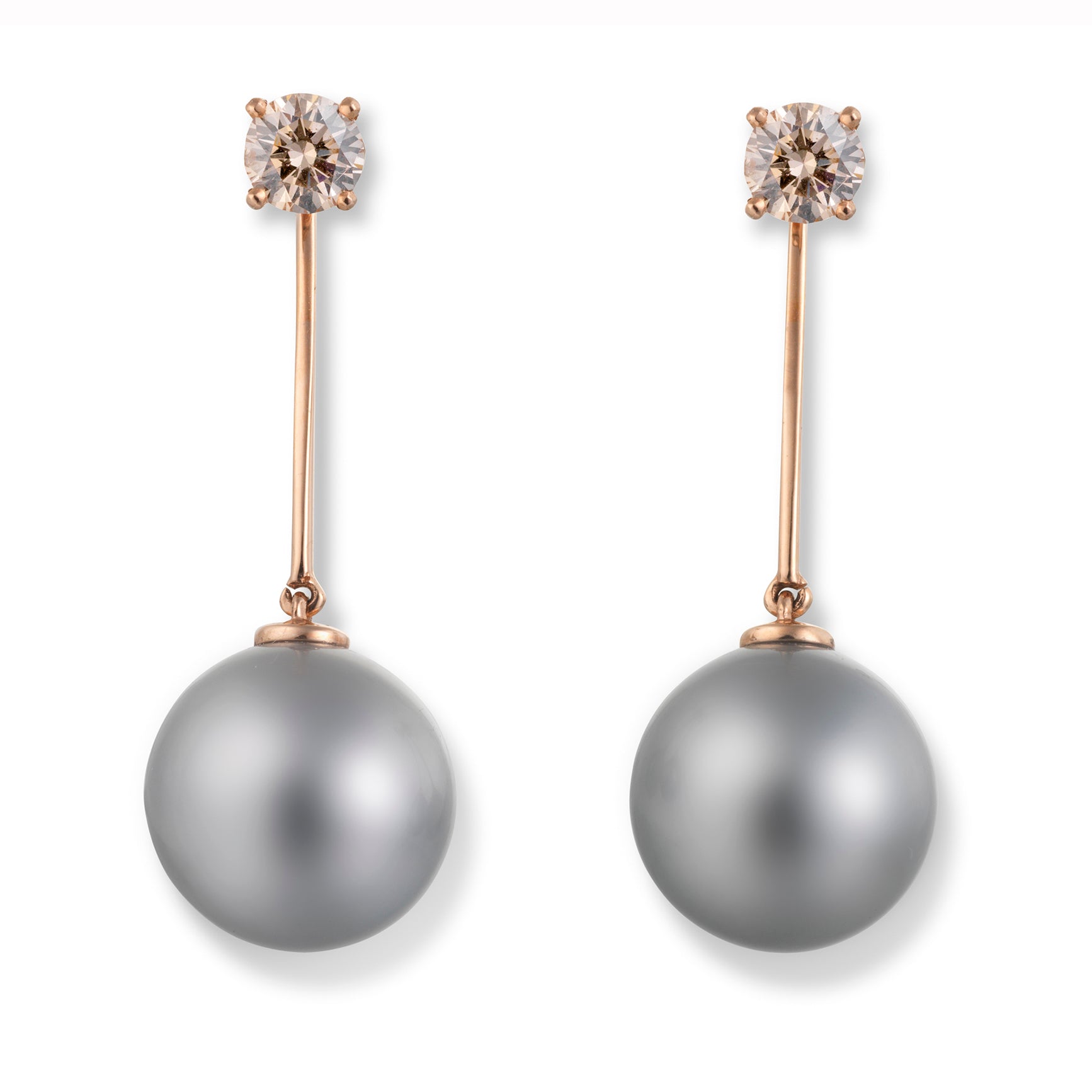 'Gem Amour' - 18ct Rose gold earrings with brown diamond and detachable Tahitian pearl drop