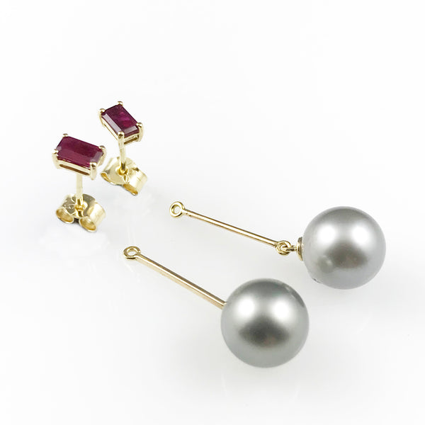 'Pearl Wonder' - yellow gold earrings with ruby and detachable grey Tahitian pearl drops