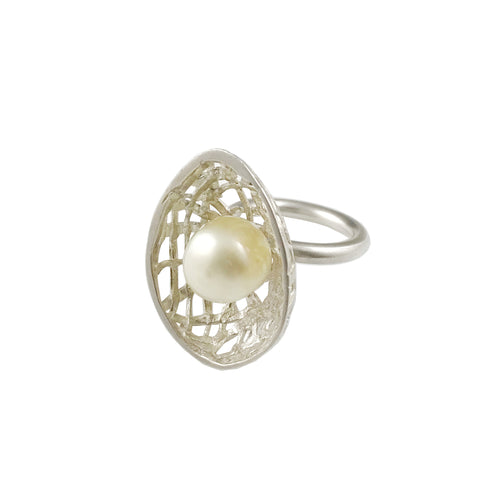 'Best Before' - Silver egg ring with south sea pearl