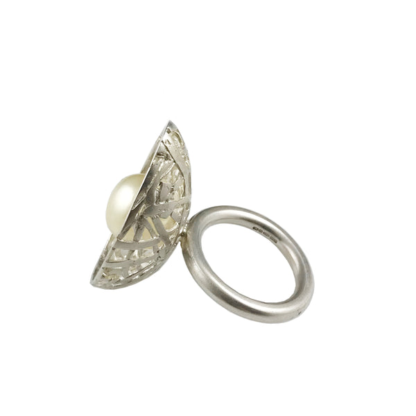 'Best Before' - Silver egg ring with south sea pearl