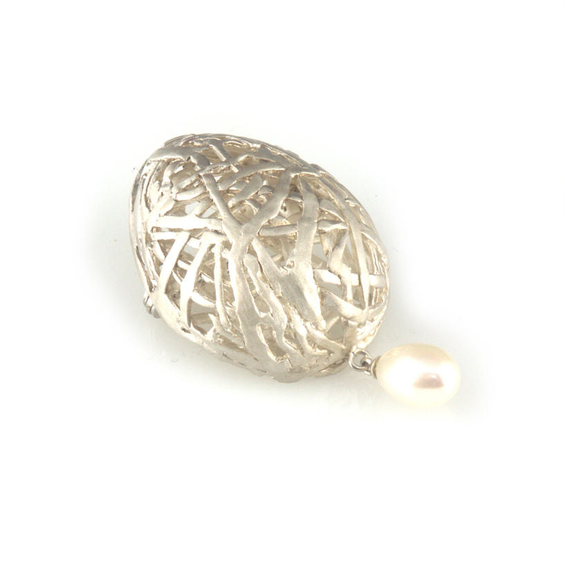 'Best Before' - silver egg brooch with pearl