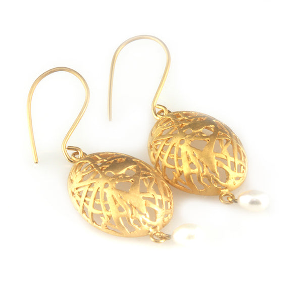 'Best Before' - 3cm gold plated silver egg earrings with pearls
