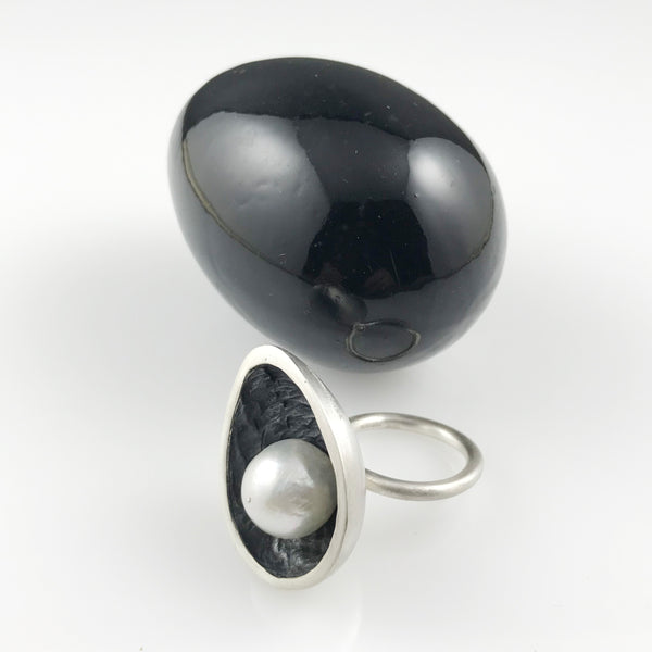 'Best Before' - 3cm silver egg ring with south sea pearl