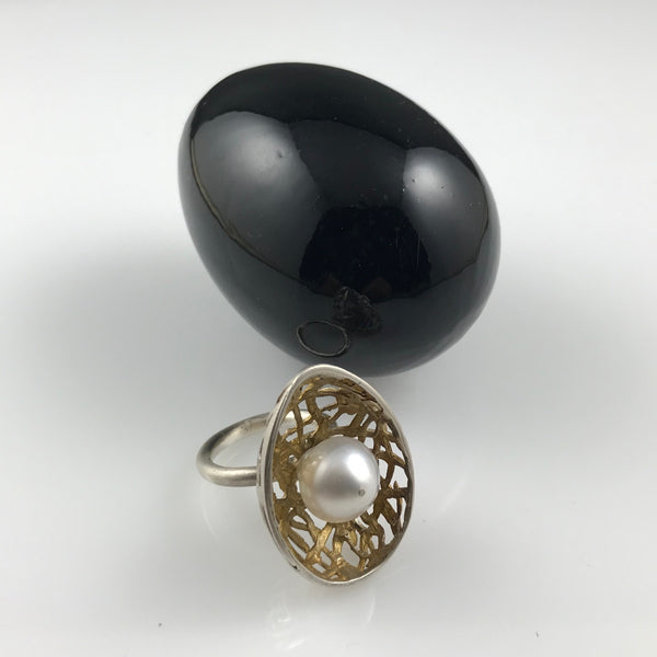 'Best Before' - 3cm gold plated silver egg ring with south sea pearl