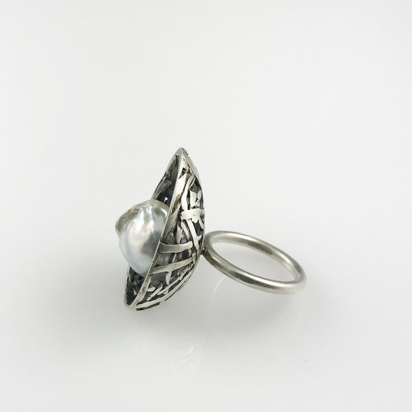 'Best Before' - 3cm oxidised silver egg ring with south sea pearl