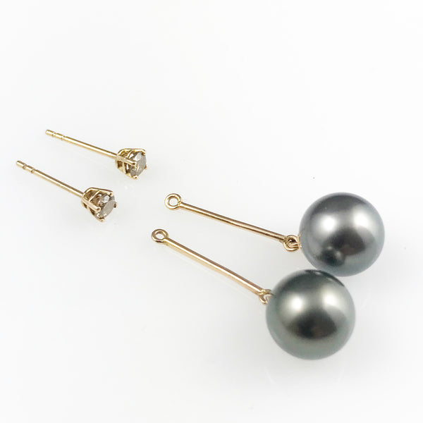 "Pearl Wonder' - Rose gold earrings with brown diamond and detachable black tahitian pearl drops