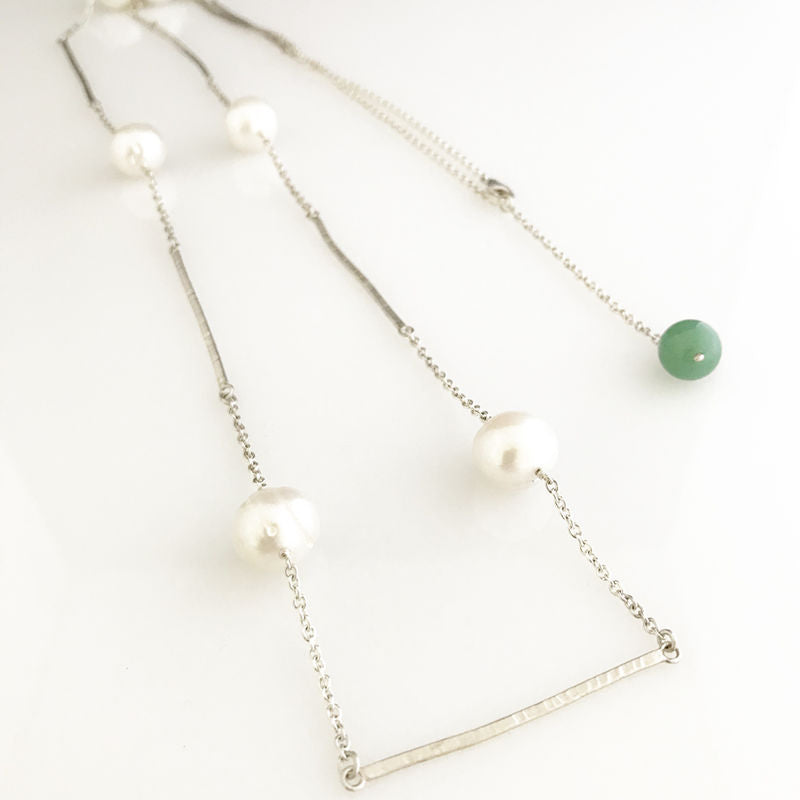 'Pearl Wonder' - long silver bar necklace with pearls and green jade bead