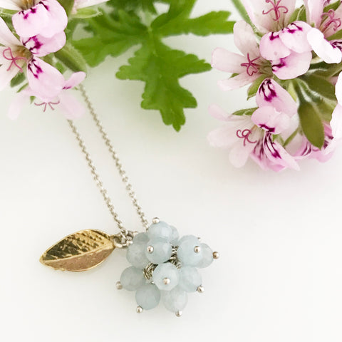 Light blue aquamarine cluster with gold leaf necklace