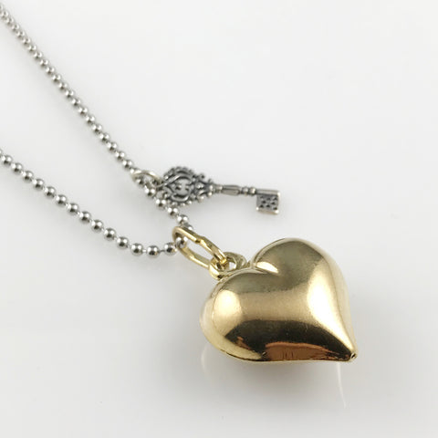 'Key to your heart' - Silver ball chain with oxidised silver key and yellow gold heart pendant