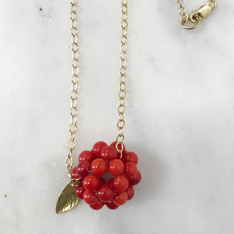 14ct Gold filled chain with big coral cluster and gold plated silver leaf