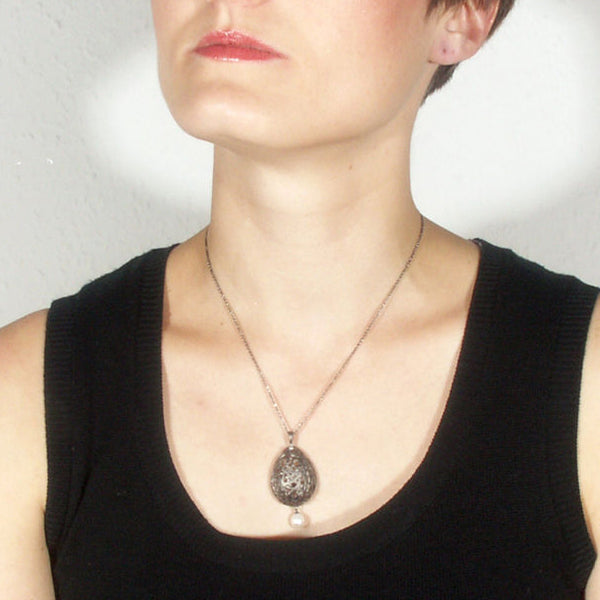 'Best Before' - 3cm matt black silver egg necklace with pearl