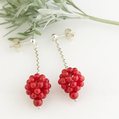 Silver earrings with coral cluster drops