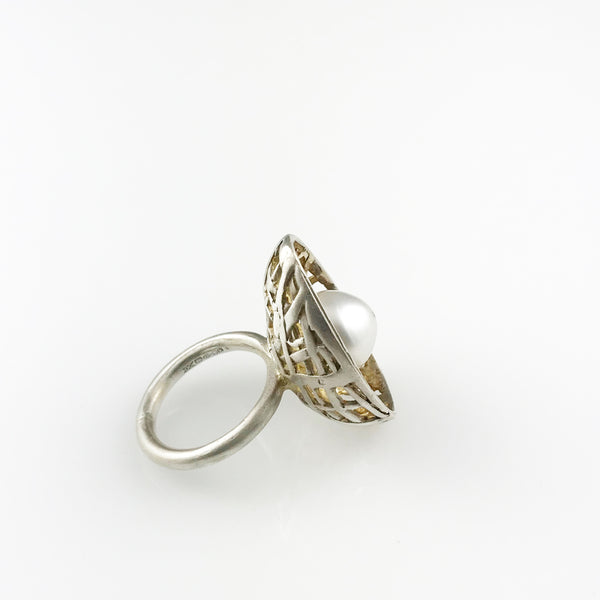 'Best Before' - 3cm gold plated silver egg ring with south sea pearl