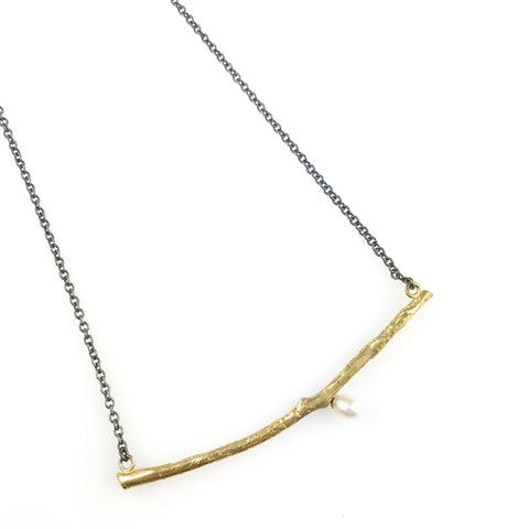 'Wearing Nature' - Oxidised silver necklace with golden Twig and pearl