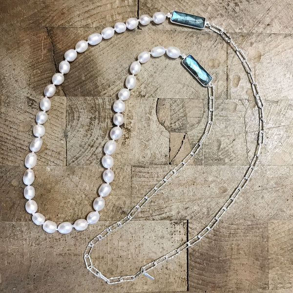 'Pearl Wonder' - long silver chain and pearl necklace with labradorite gemstones
