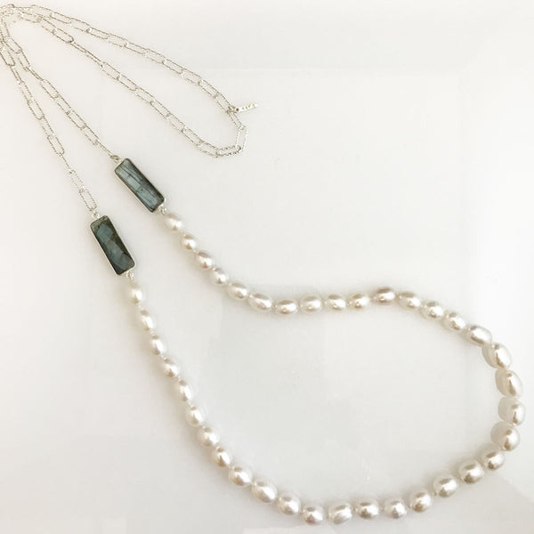 'Pearl Wonder' - long silver chain and pearl necklace with labradorite gemstones