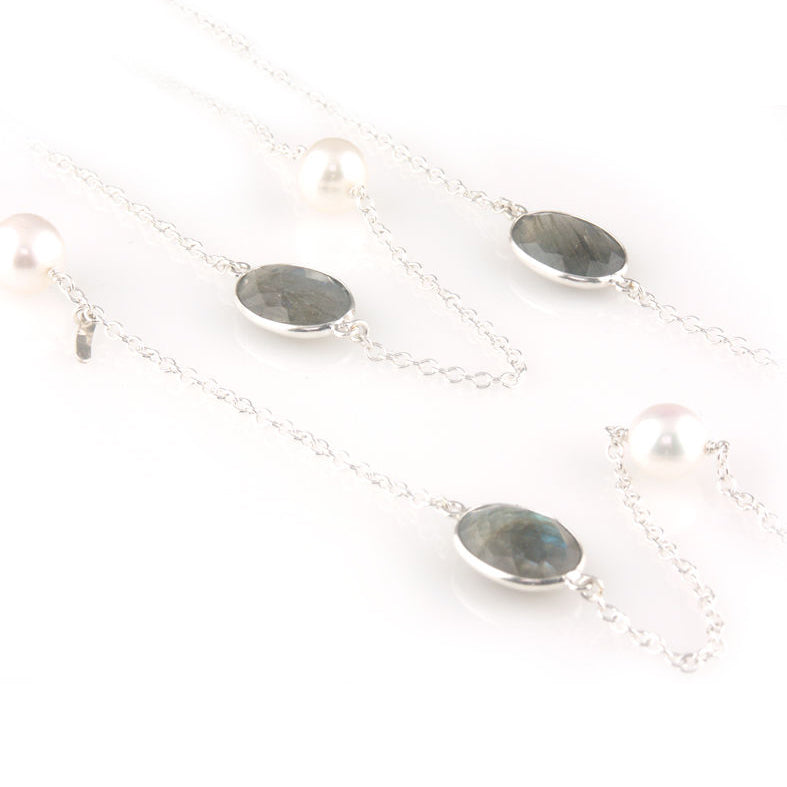'Pearl Wonder' - long silver necklace with labradorite and pearls