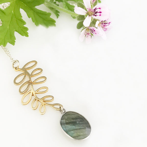 Labradorite necklace with gold plated silver leaf