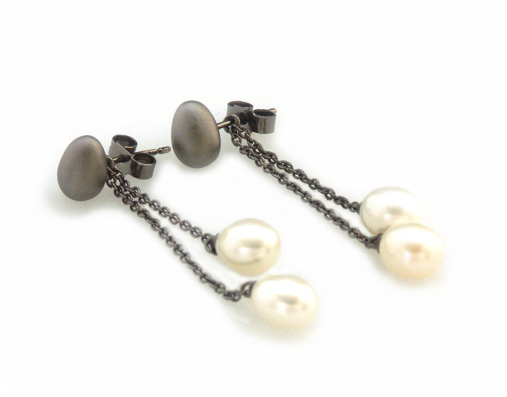 'Best Before' - black silver egg earrings with pearls