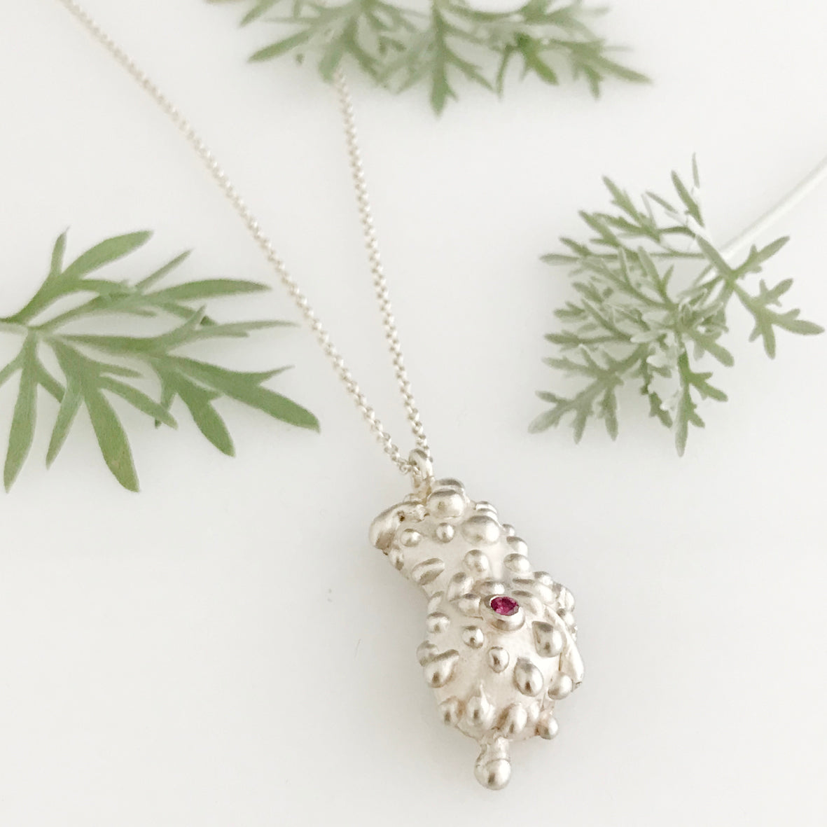 "Morning Dew' - Silver pendant with silver droplets and ruby