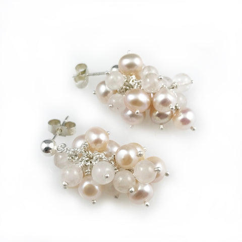 'Pearl Wonder' - pinky pearl cluster silver earrings with pink quartz