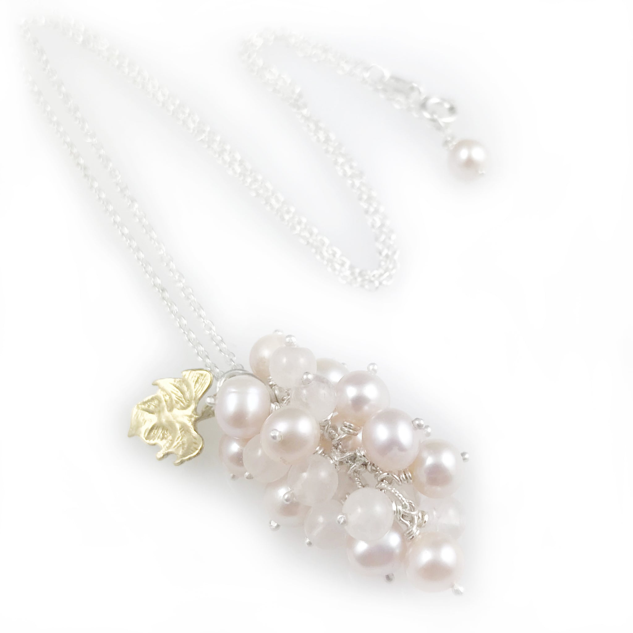 'Pearl Wonder' - pinky pearl and pink quartz cluster silver neckalce with gold leaf