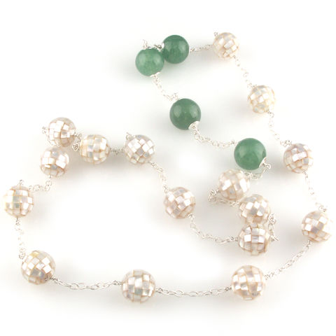 'Pearl Wonder' - silver necklace with round ball mother of pearls and jade ball