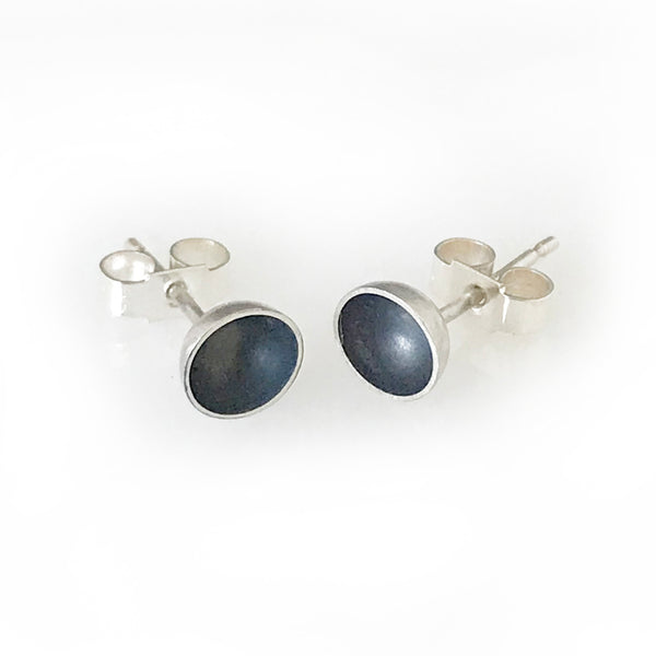 Oxidized silver round bowl ear studs