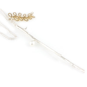 'Wearing Nature' - Silver Twig necklace with pearl and gold leaf