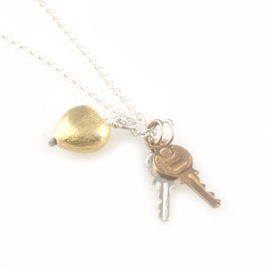 'Key to your heart' - small silver keys with gold heart necklace