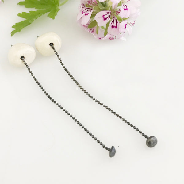 White porcelain stone shaped ear studs with oxidised silver chain